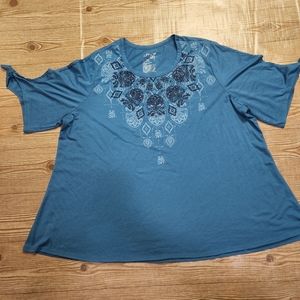 Terra & Sky Teal Blue Cotton Top with Design Size 22/24